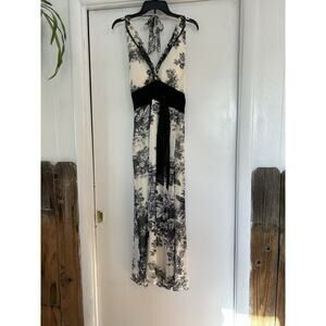 Sangria Size 8 Maxi Long Open Back Silk Dress Spaghetti Strap Blue & Cream